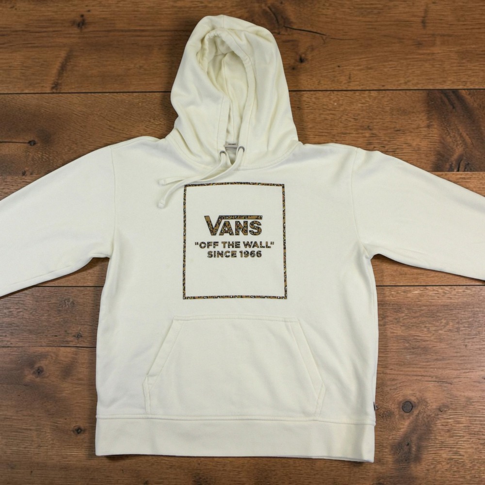 Vans Hoodie Women M Cream Leopard Print Logo Off The Wall Fleece Pullover Skater